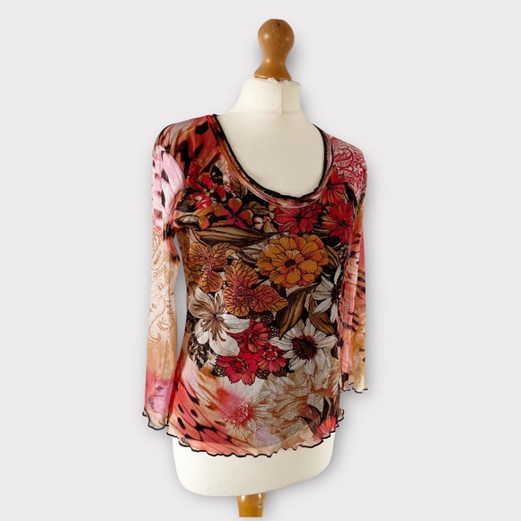 James Lakeland Mesh Blouse Top IT 46 UK 14 Floral Coral Red Orange Multi Lettuce - Picture 7 of 9